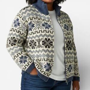 Vintage Fair Isle Snowflake Hygge Northern Zip Up Cardigan Collar Sweater Sz L